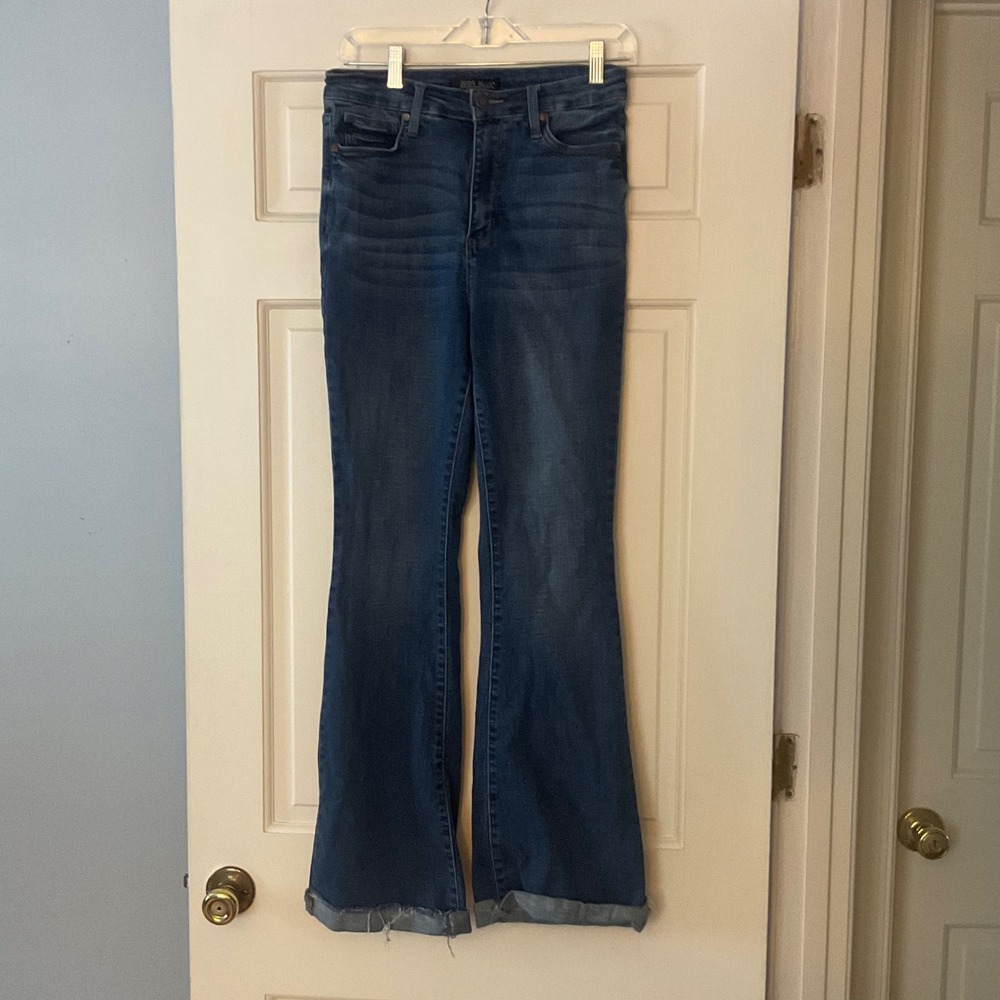 Judy Blue Control Top Flare Raw Hem Jeans 29 High Rise Stretch Denim Medium Wash